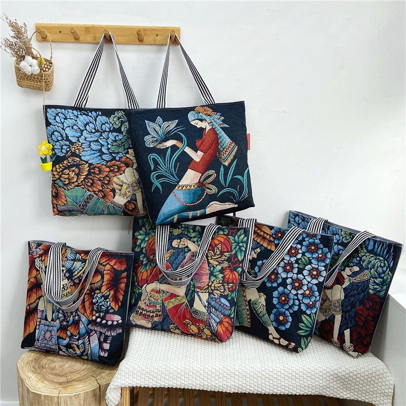 Women's Fashion Canvas Painted Retro Style Portable Tote Bags