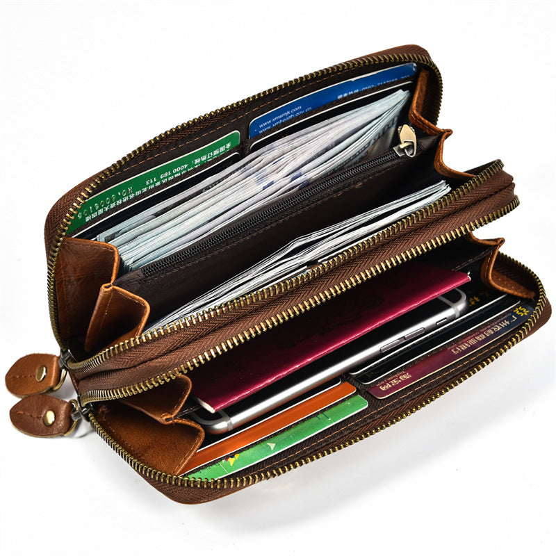 Men's Crazy Horse Leather Long Real Zipper Cowhide Men's Wallets