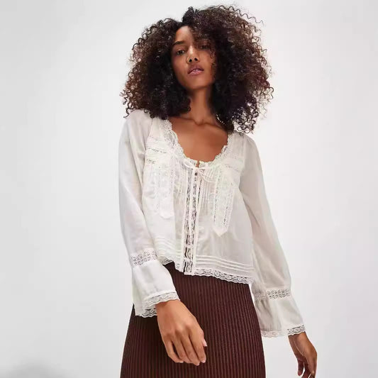 Lace Shirt U-shaped Collar Long Sleeve Blouses