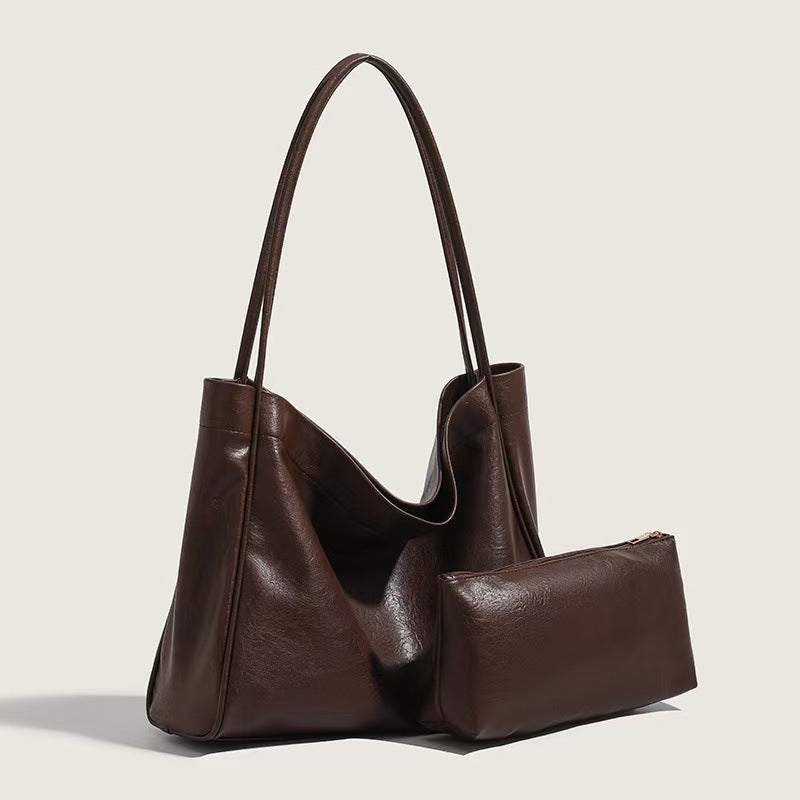 Women's Brown Son Mother Soft Leather Simple Large Capacity Shoulder Bags