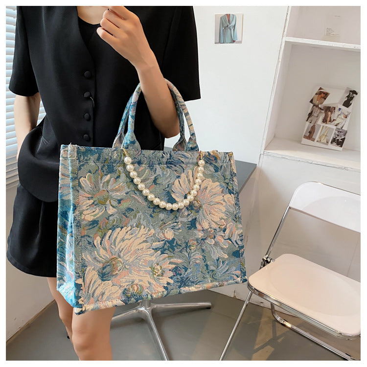 Garden Oil Painting Female Fashion Large Capacity Pearl Shoulder Bags