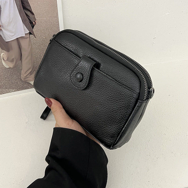 Women's Top Layer Cattlehide Leather Fashion Double Zipper Clutch Leisure Women's Shoulder Bag