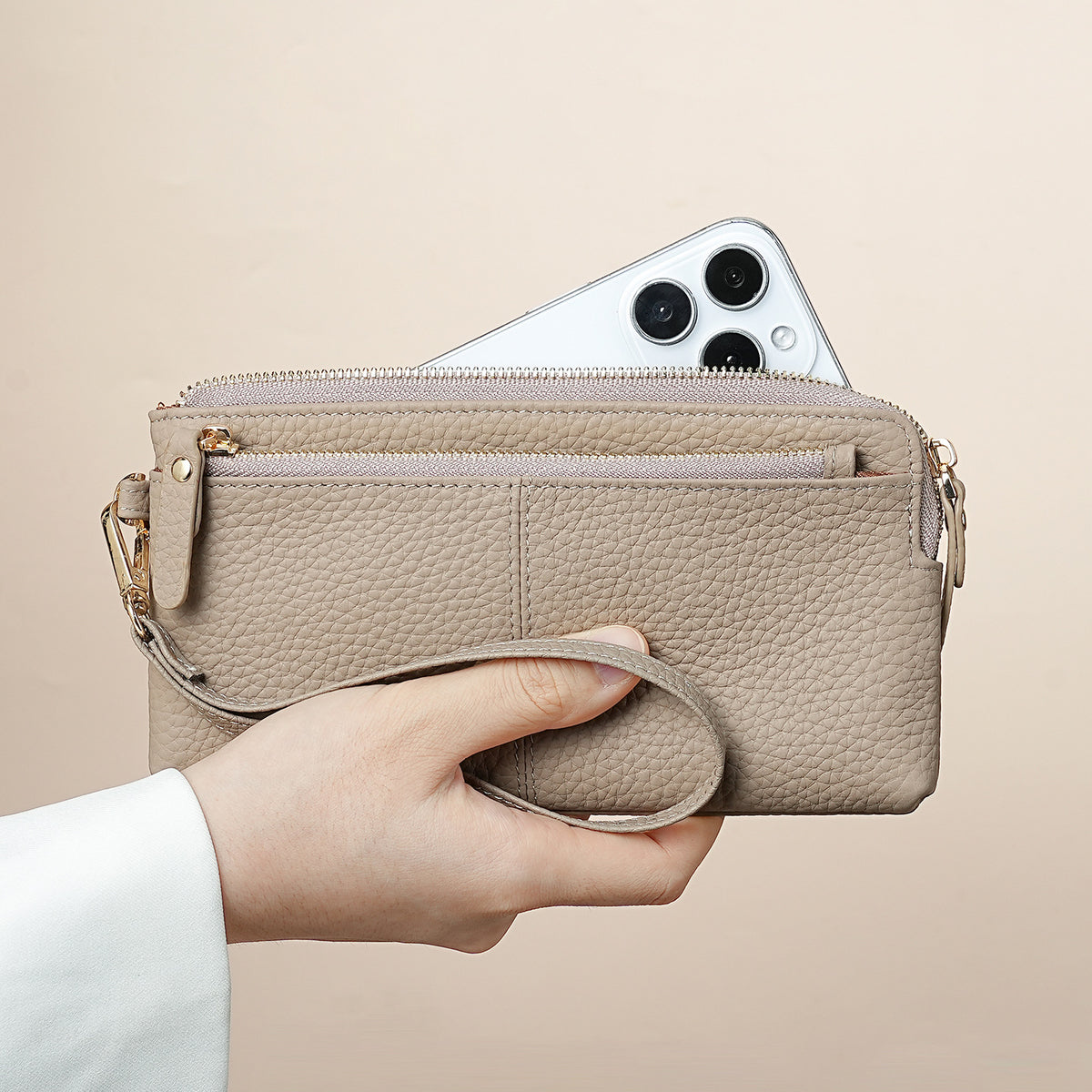Women's Detachable Wrist Strap Long Genuine Leather Multifunctional Mobile Three Layers Handbags