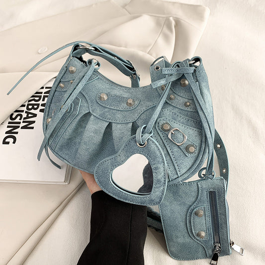 Women's Underarm Retro Rivet Motorcycle Pleated Crescent Crossbody Bags