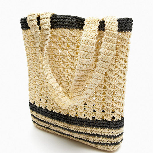 Women's Summer Beach Contrast Color Stripes Woven Shoulder Bags