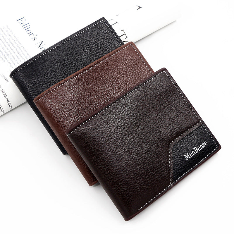 Men's Korean Style Short Lychee Pattern Stitching Large Capacity Men's Wallet