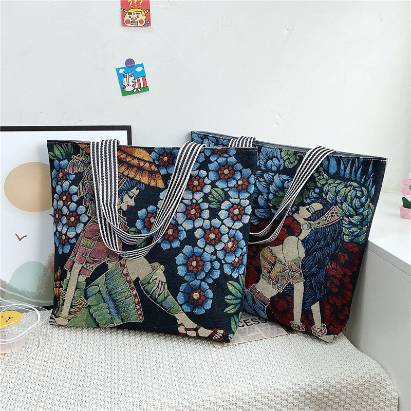 Women's Fashion Canvas Painted Retro Style Portable Tote Bags
