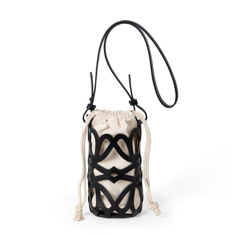 Women's Design Hollow Drawstring Canvas Cylindrical Pouch Crossbody Bags