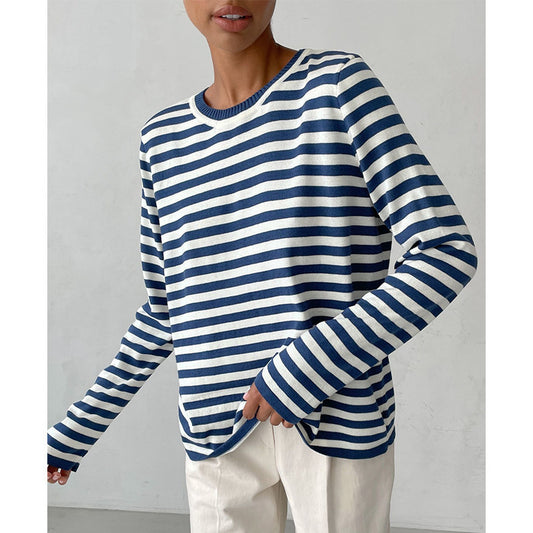 Women's Round Neck Knitted Striped Spring Versatile Sweaters
