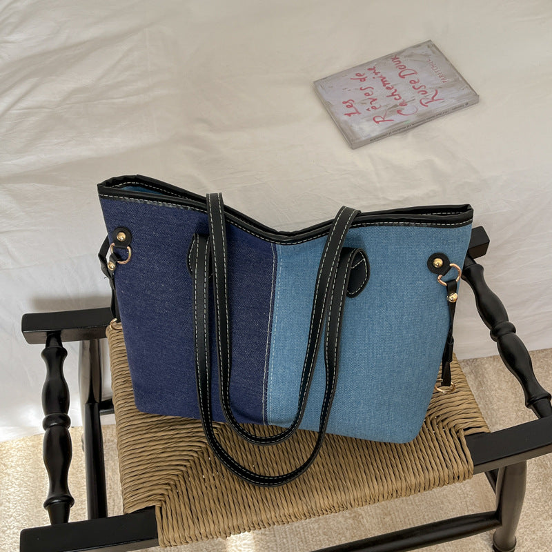 Women's Large Capacity Fashionable Denim Stitching Contrast Color Shoulder Bags