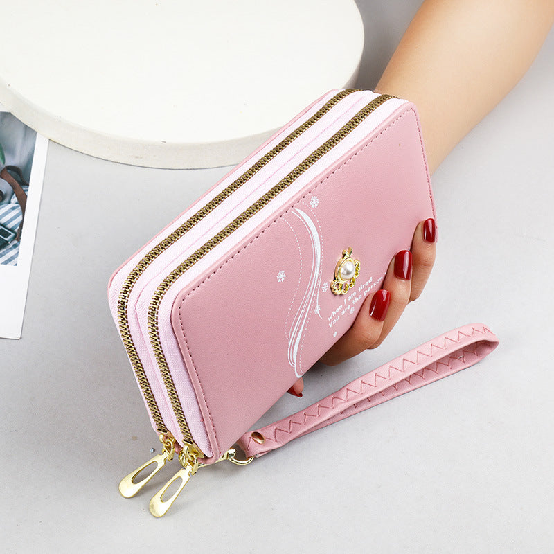 Women's Layer Zipper Long Wrist Clutch Pearl Ladies Wallet