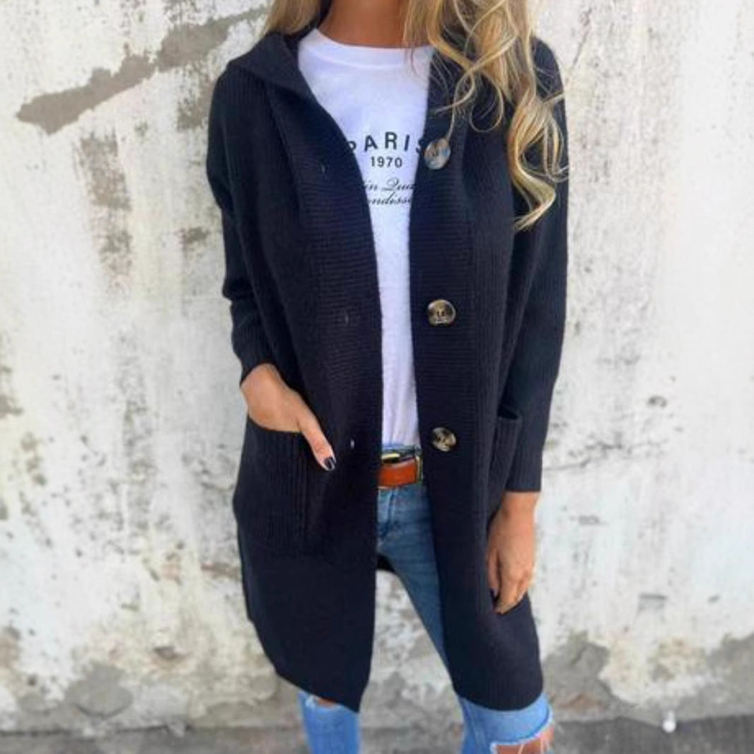 Women's Long Hooded Knitted With Pocket Buttons Sweaters