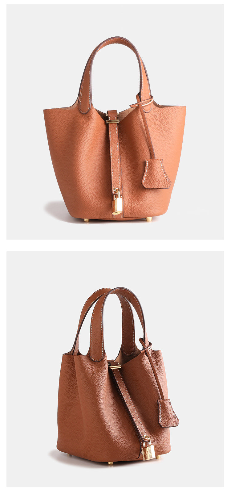 Layer Cowhide Lychee Pattern Solid Color Bucket Bags