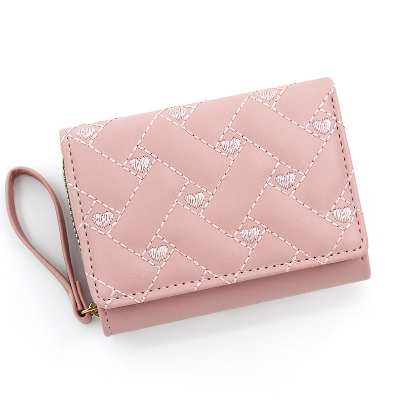 Women's Short Chic Embroidered Love Female Tri Fold Multiple Ladies Wallet