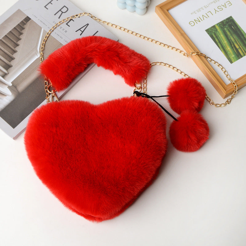 Women's Plush Heart Chain Portable Imitation Rabbit Fur Women's Shoulder Bag