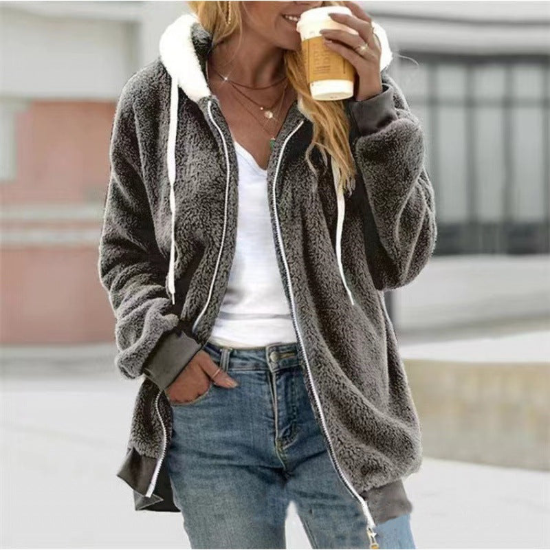 Women's Loose Plush Zipper Hooded For Sweaters