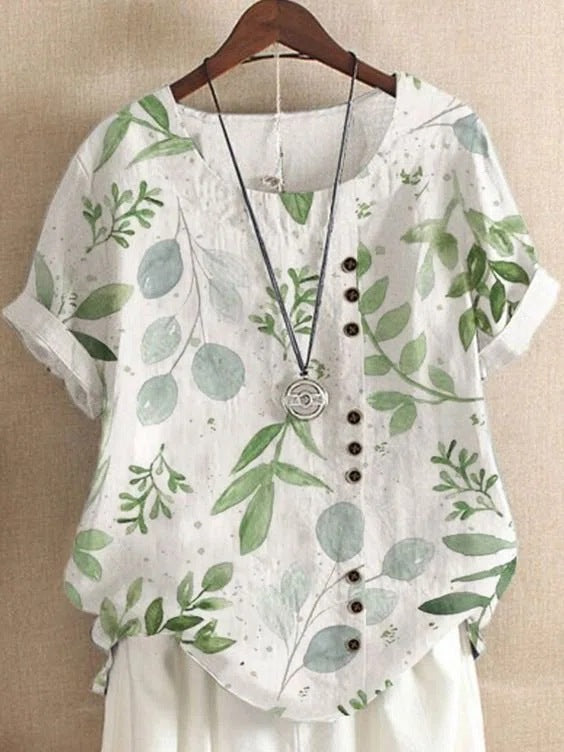 Women's Summer Retro Cotton Linen Fashion Printed Loose Blouses