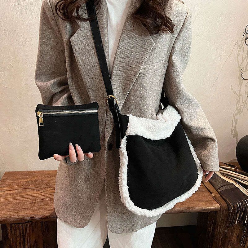 Women's Plush Matte Simple Cute Stitching Pocket Trendy Women's Shoulder Bag