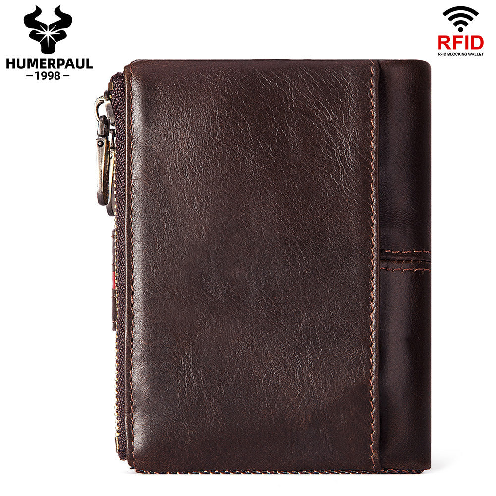 Men's Short Leather Zipper Vintage Cowhide Swiping Men's Wallets