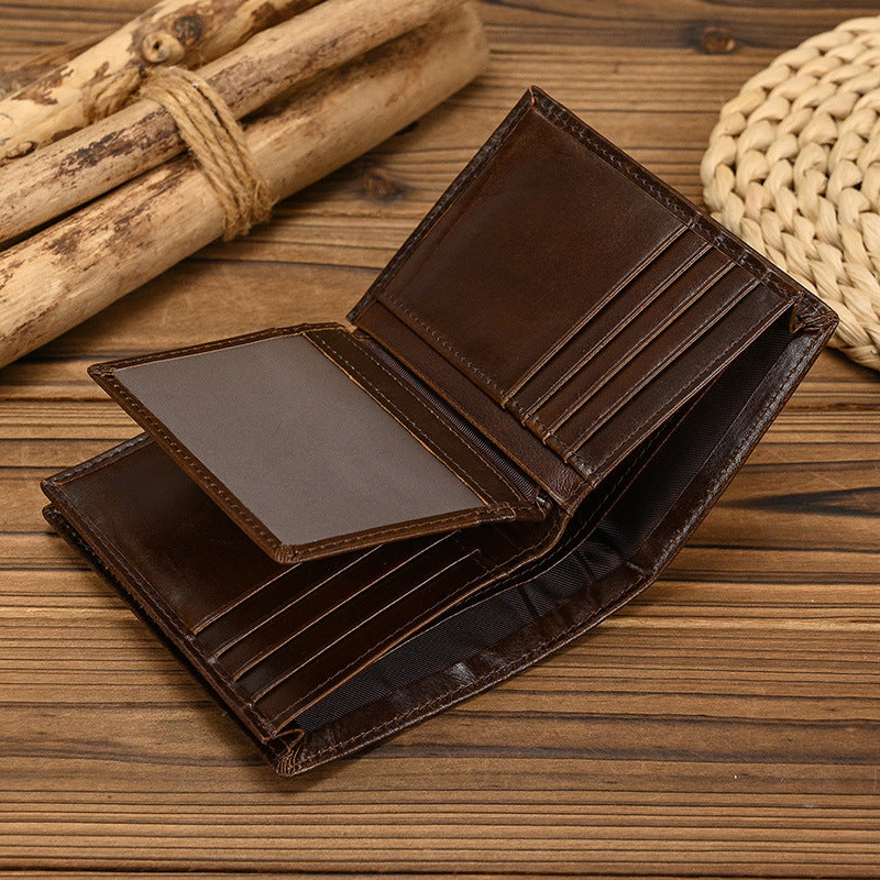 Women's & Men's Three-fold Genuine Leather For Swiping First Layer Cow Oil Two-fold Men's Wallet