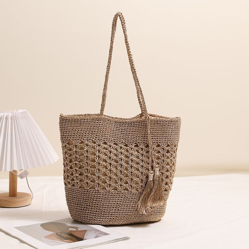 Women's Capacity Hollow Straw Tassel Woven Vacation Shoulder Bags