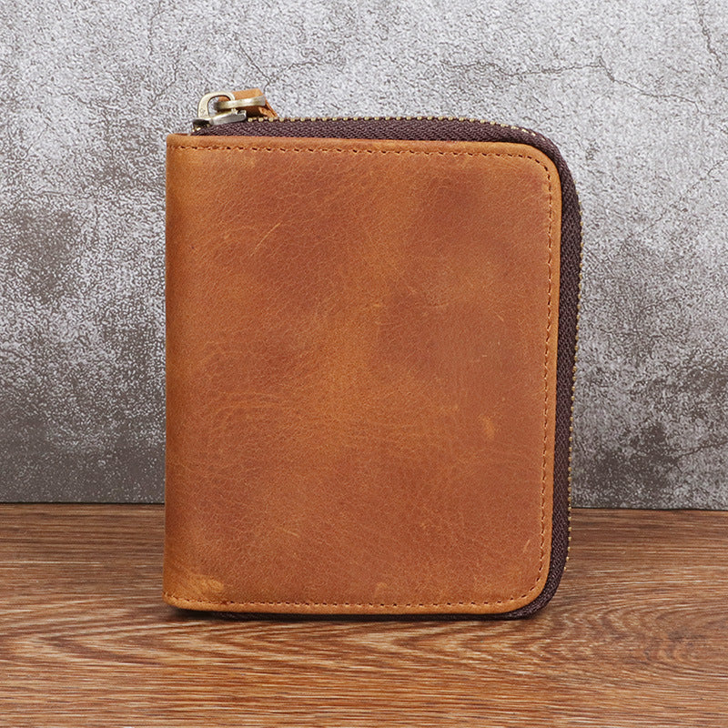 Men's Horse Leather Zipper Vertical Full First Layer Cowhide Retro Men's Wallets