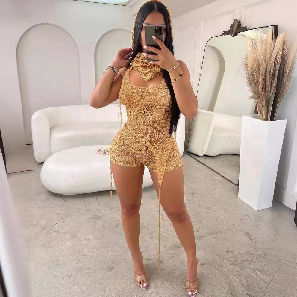Women's Sexy Bodybuilding Cutout Sequined Three-piece Suits