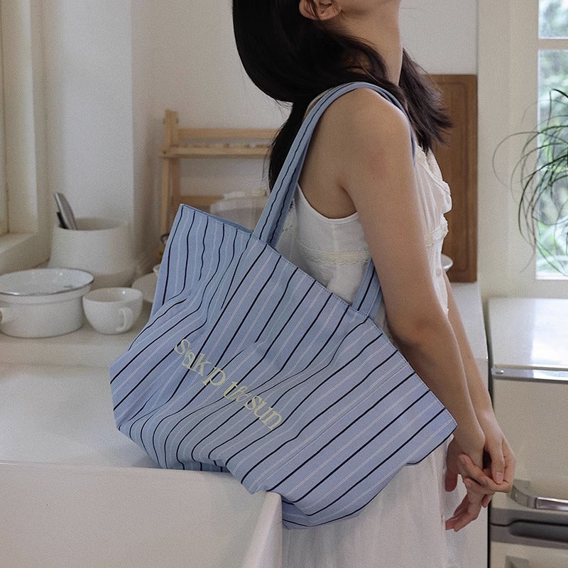Women's Korean Fashion Striped Canvas Large Capacity Totes Shoulder Bags