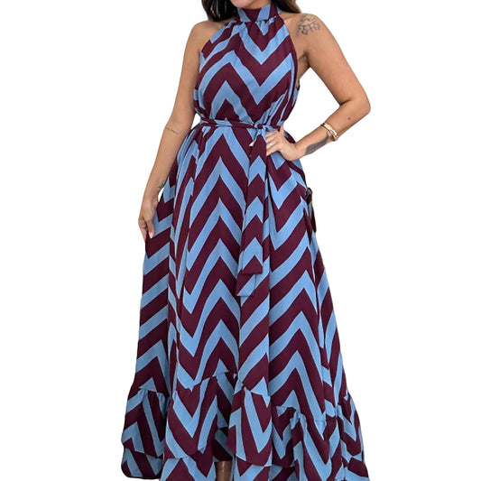Women's Sleeveless Stand Collar Wave Striped Printed Skirts