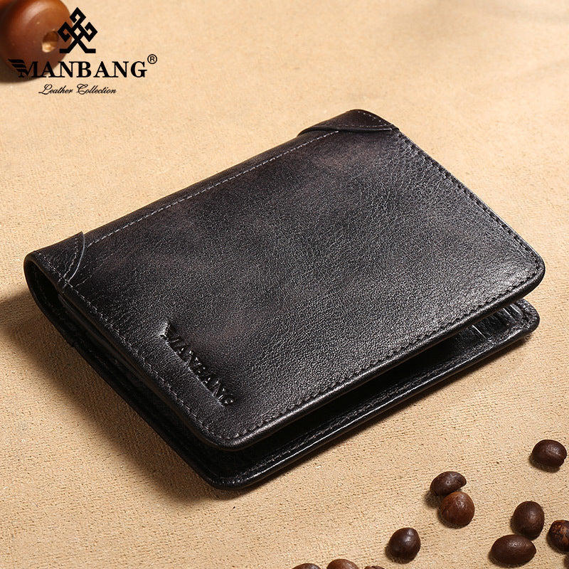 Men's Short First Layer Cowhide Brushed Classic Men's Wallets
