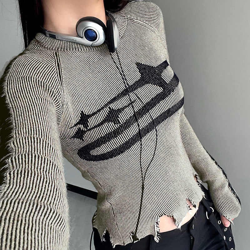 American Retro Contrast Color Broken Patchwork Round Neck Woolen Sweaters