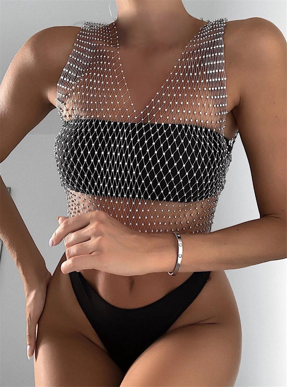 Women's Charming Summer Rhinestone Mesh T-shirt Tops
