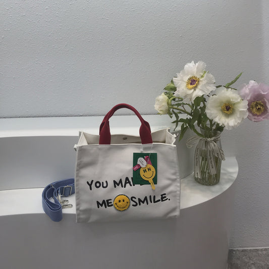 Smiling Plush Pattern Thickened Organic Canvas Crossbody Bags