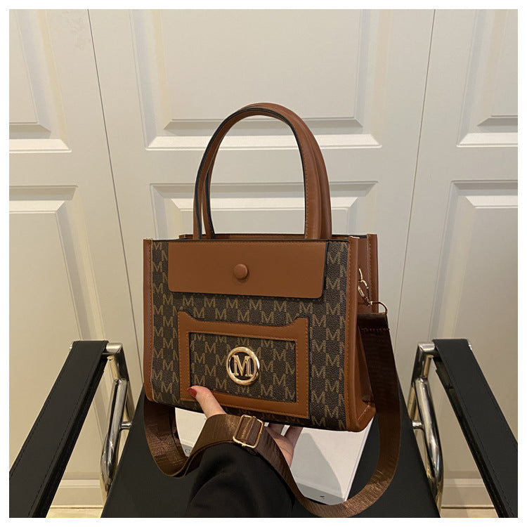 Women's Large Capacity Gilding Letters Western Style Printed Stitching Women's Shoulder Bag