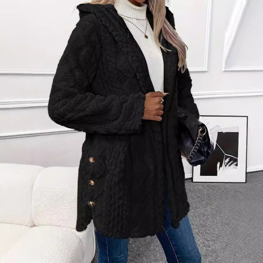 Hooded Solid Color Button Long Sleeve Sweaters