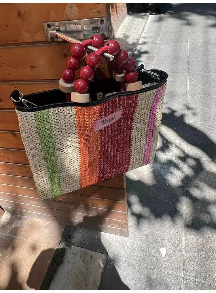 Sugar Gourd Contrast Color Striped Woven Shoulder Bags