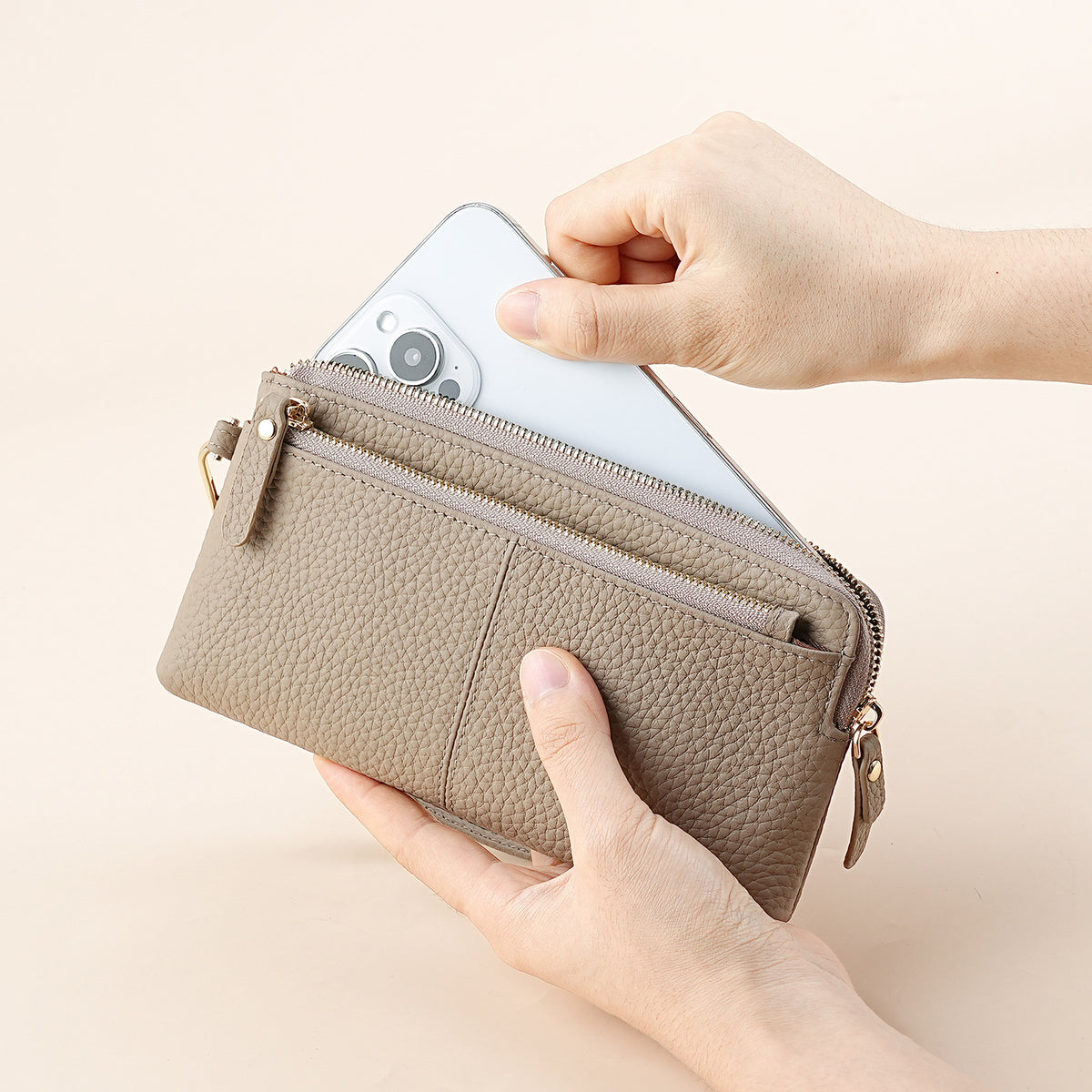 Women's Detachable Wrist Strap Long Genuine Leather Multifunctional Mobile Three Layers Handbags