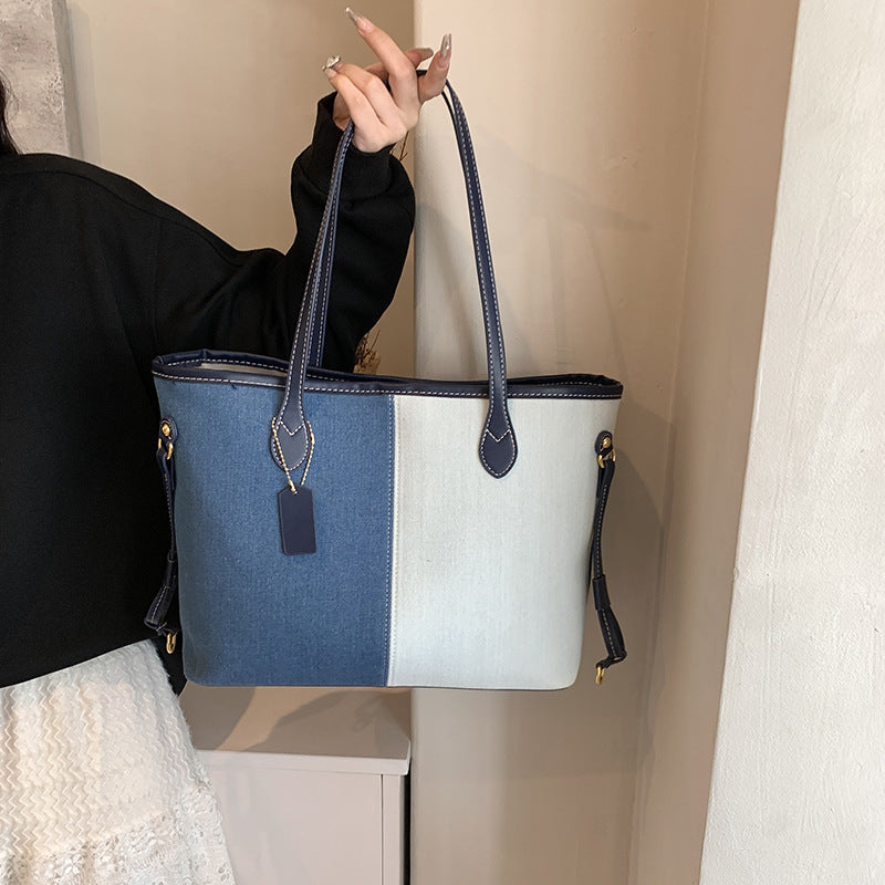 Women's Large Capacity Denim Fashion Stitching Contrast Shoulder Bags