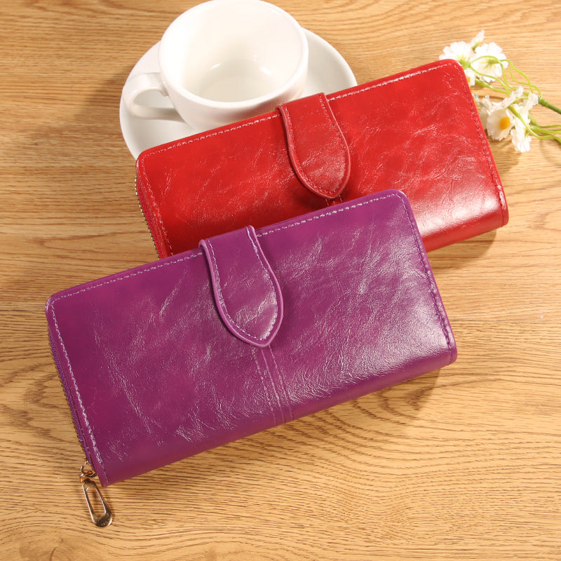 Women's Oil Wax Leather Long Zipper Large Ladies Wallet