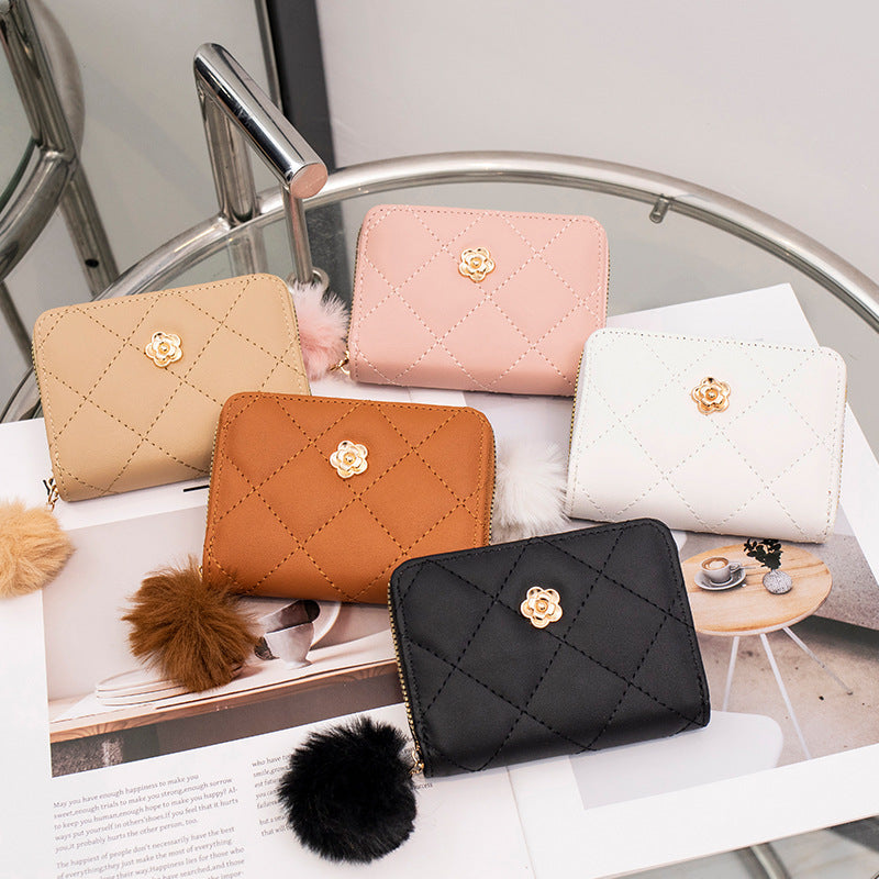 Women's Fashion Rhombus Short Fur Ball Rose Ladies Wallet