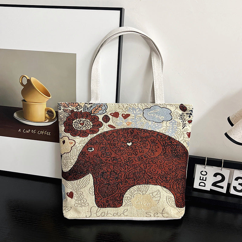Women's Yarn-dyed Canvas Embroidered Portable Fashion Large Shoulder Bags