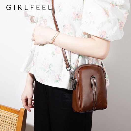 Women's Trendy Vintage Oil Wax Cowhide Double Crossbody Bags