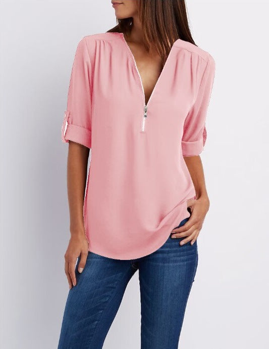 Women's Hosting Label Zipper Rollable Sleeves Chiffon Blouses