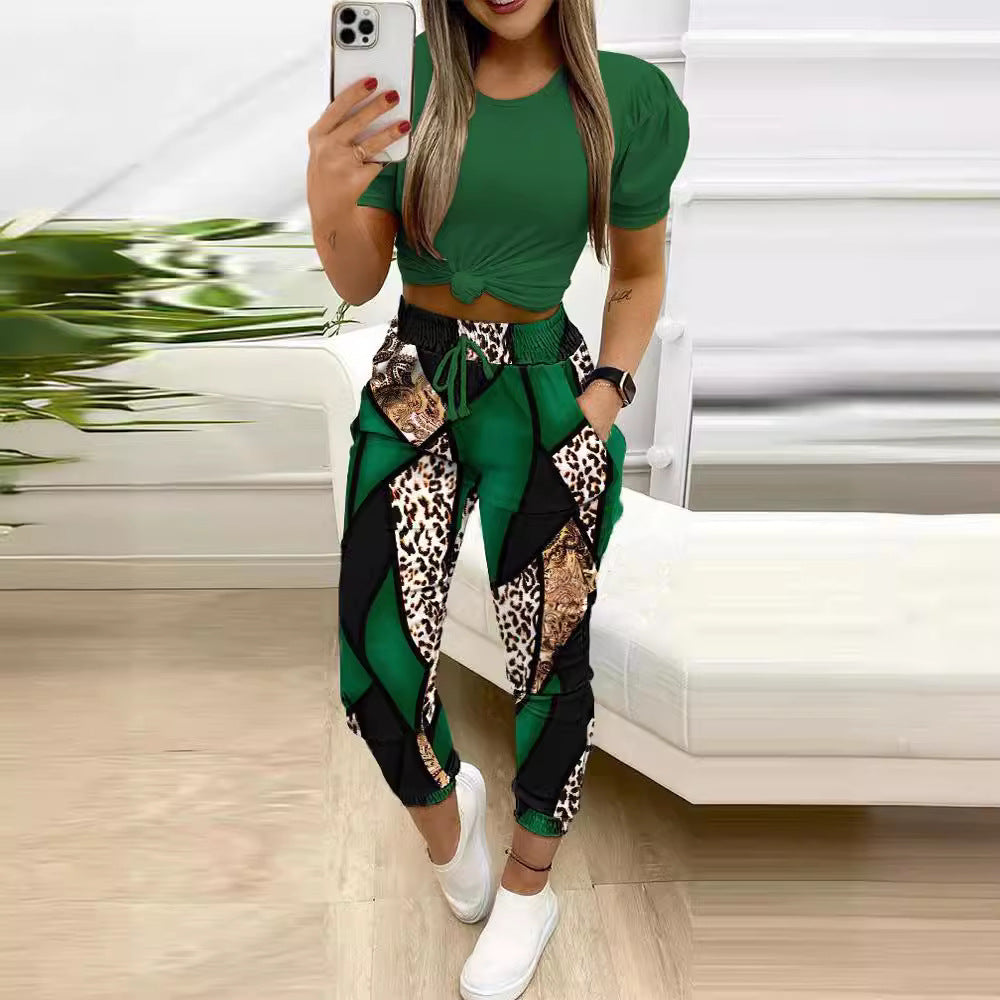 Women's Two-piece Short-sleeved Commuter Printed Drawstring Trousers Suits