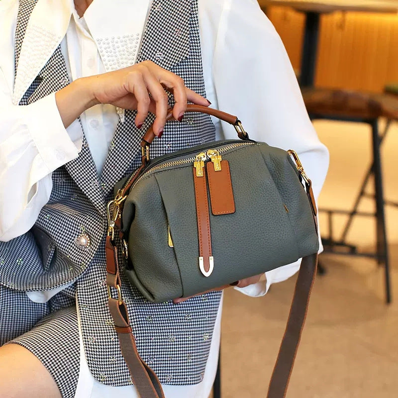 Women's Genuine Leather First Layer Contrast Color Handbags