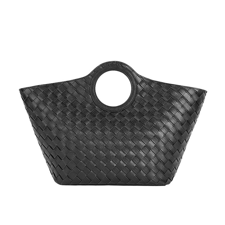 Women's Genuine Leather Fashion Classic Woven Portable Vegetable Basket Mother Rhombus Handle