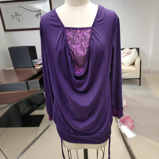 Pure Color Sequins Stitching Long-sleeved Elegant Blouses