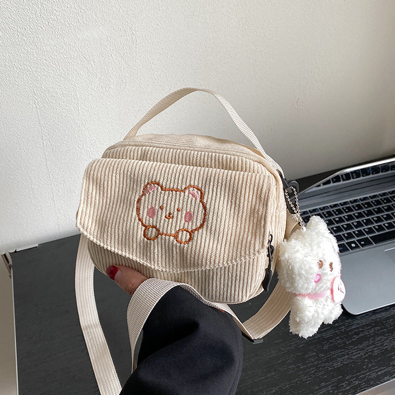 Cute Mori Corduroy Cartoon Canvas Niche Women's Shoulder Bag