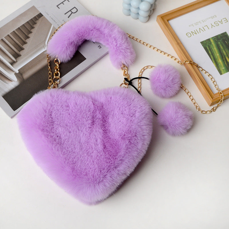 Women's Plush Heart Chain Portable Imitation Rabbit Fur Women's Shoulder Bag