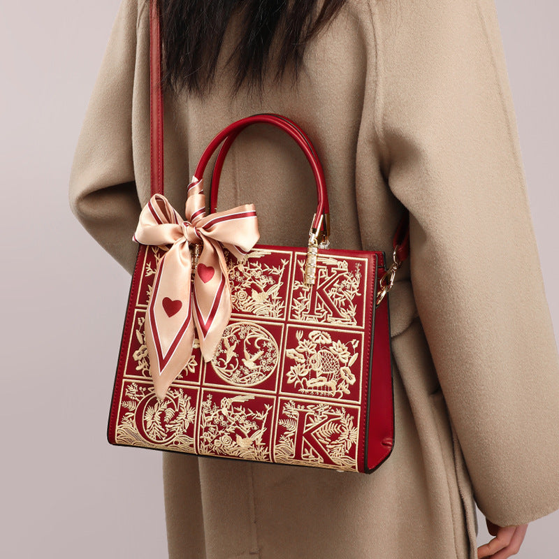 Women's Leather Chinese Style High Sense Bridal Wedding Bags